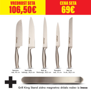 Grill King Stand zidno inox magnetno držalo nožev + 5 nožev