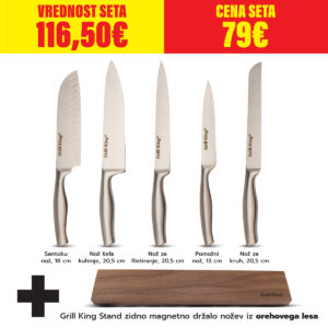 Grill King Stand zidno magnetno držalo nožev iz orehovega lesa + 5 nožev