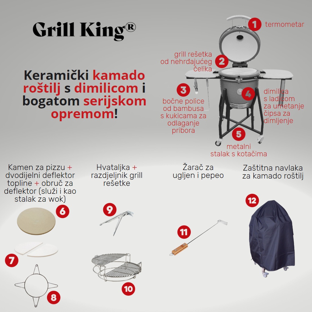 Grill King Kamado EGG 29" keramični žar z dimilnico + bogata oprema 74 cm — prevleka, kamen, deflektor - slika 2