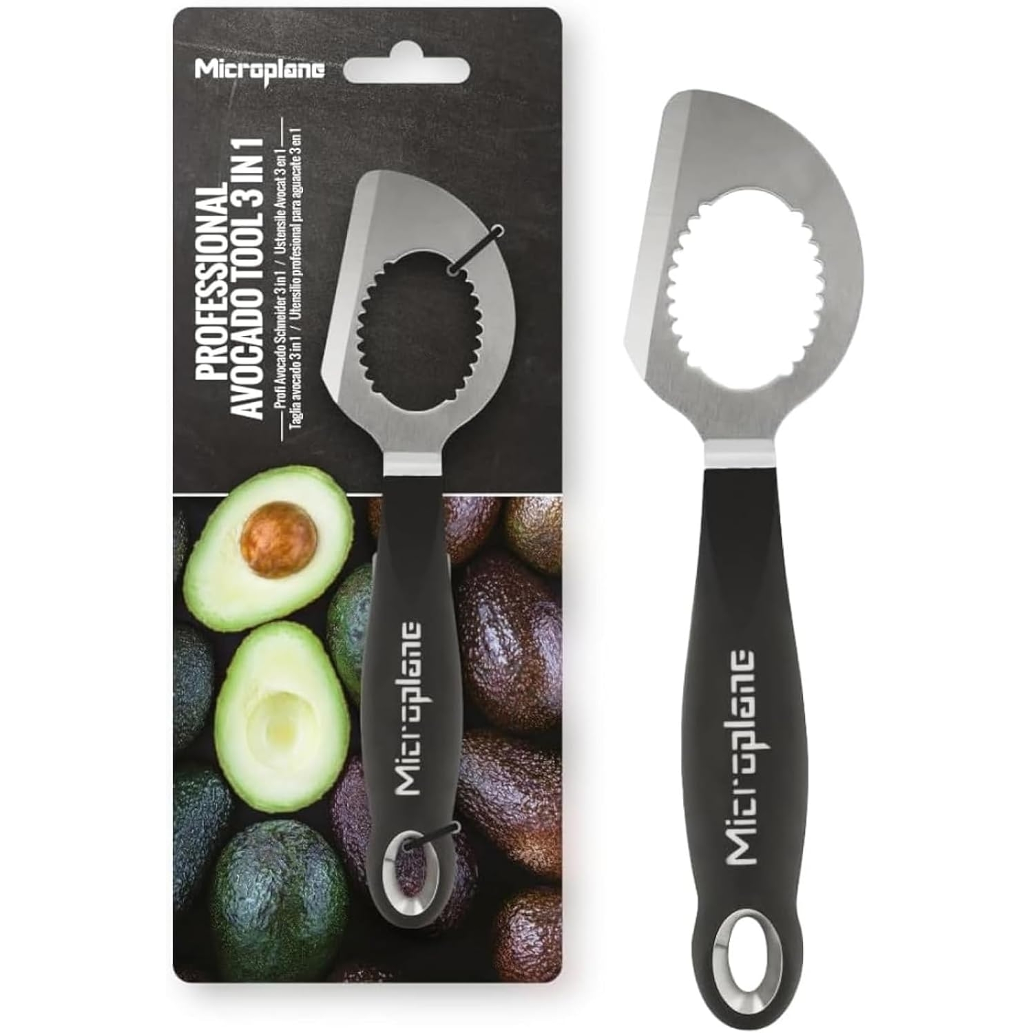 Microplane Avocado Tool 3v1 — rezanje, odstranjitev koščice in vzemanje mesa avokada