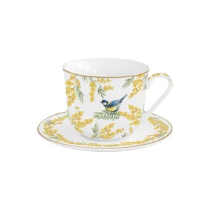 Easy Life Mimosa skodelica z krožničkom 400 ml — porcelan s cvetlicami, darilo