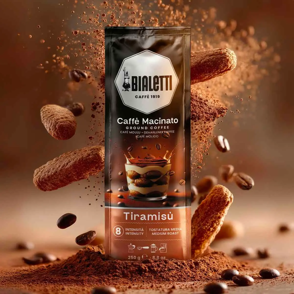 Bialetti Perfetto Moka Tiramisu mleta kava 250 g z okusom tiramisuja, srednje praženje, intenzivnost 8 - slika 3