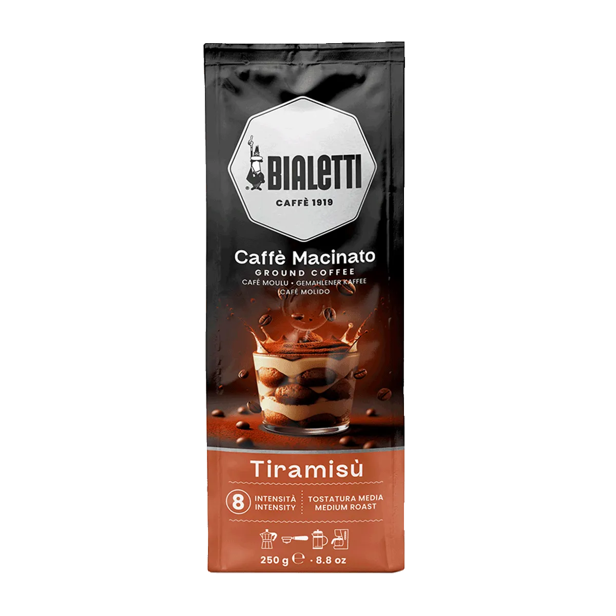 Bialetti Perfetto Moka Tiramisu mleta kava 250 g z okusom tiramisuja, srednje praženje, intenzivnost 8