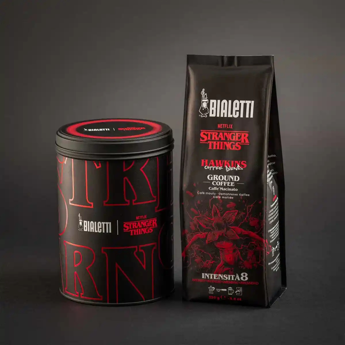 Bialetti Stranger Things mleta kava v pločevinki 250 g, mešanica 50 % arabica in 50 % robusta, intenzivnost 8