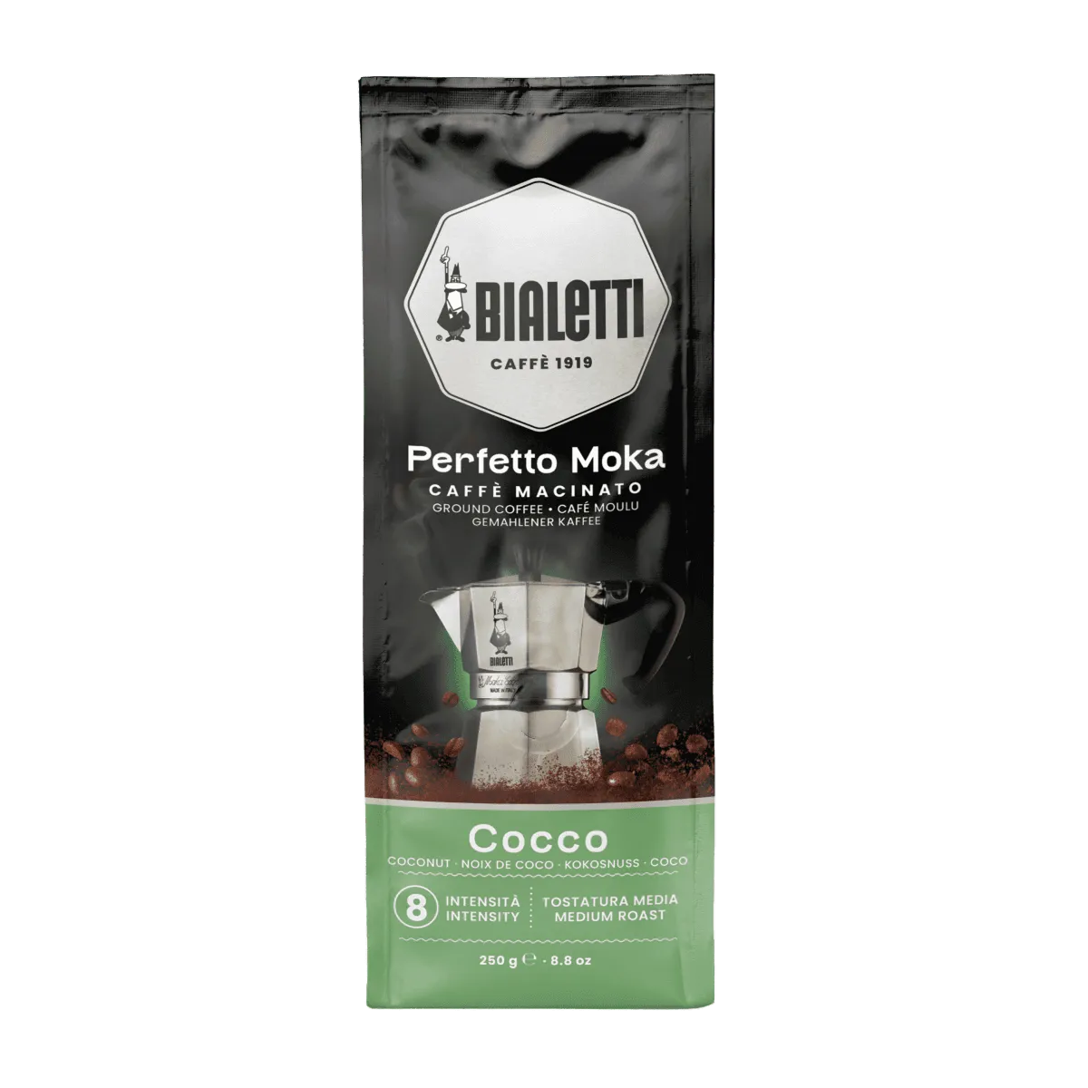 Bialetti Perfetto Moka Cocco mleta kava 250 g z okusom kokosa, srednje praženje, intenzivnost 8