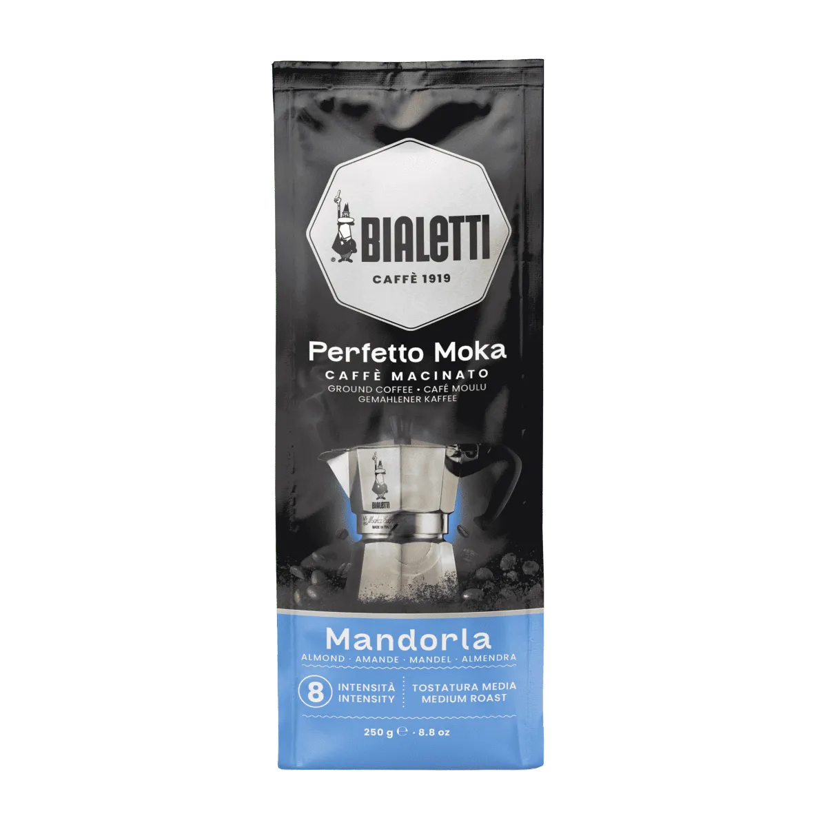 Bialetti Perfetto Moka Almond mleta kava 250 g z okusom mandlja, srednje praženje, intenzivnost 8