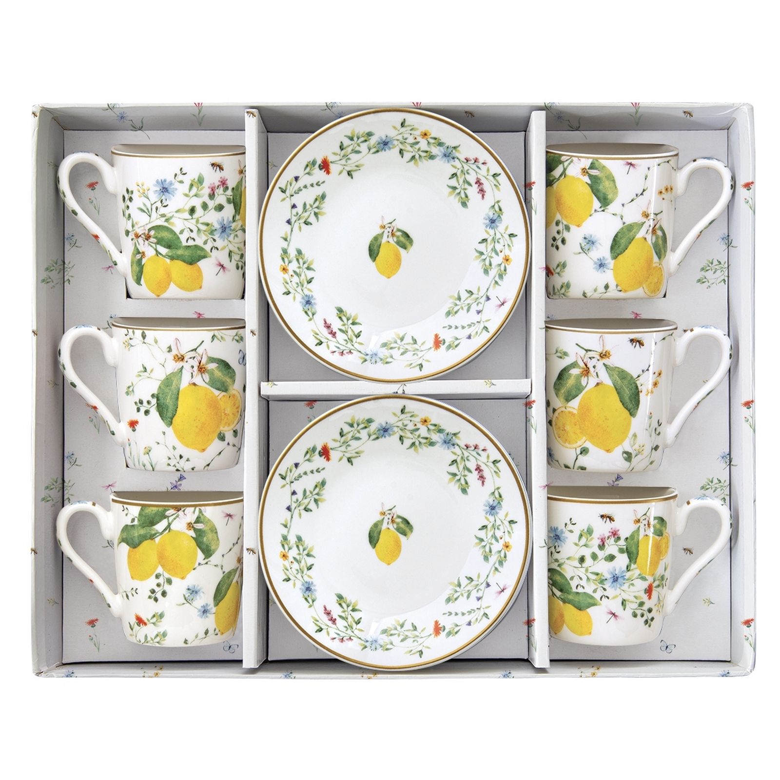 Easy Life Fleurs et Citrons komplet 6 porcelanskih skodelic za kavo 110 ml s podstavki iz bambusa - slika 2