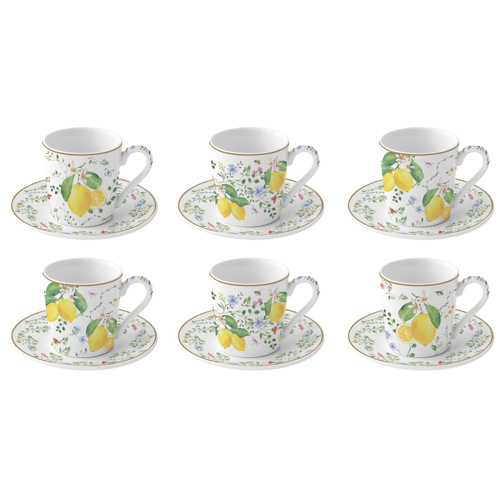 Easy Life Fleurs et Citrons komplet 6 porcelanskih skodelic za kavo 110 ml s podstavki iz bambusa