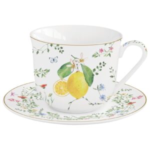 Porcelanasta skodelica s krožničkom Easy Life Fleurs et Citrons 370 ml, set za 1 osebo, darilna embalaža